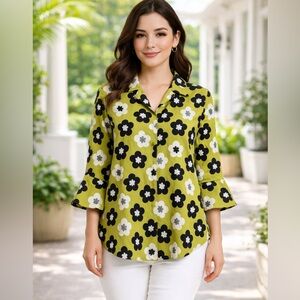 NEW Lior Paris Floral Button Down Shirt - Green, Black, White